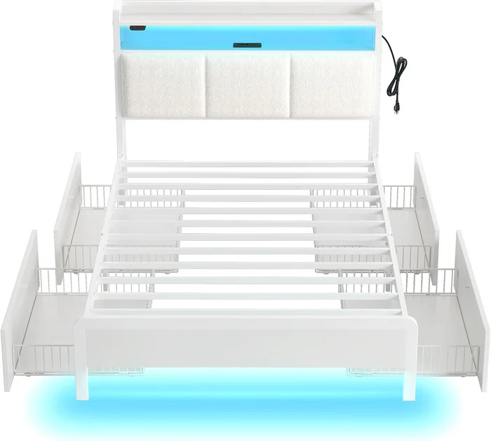 Twin Metal & Wood Upholstered Bed Frame with LED Headboard, USB & Type-C Charging Station, Storage Drawers, No Box Spring Required – Off White | BF013-V2N-OW-T-RR