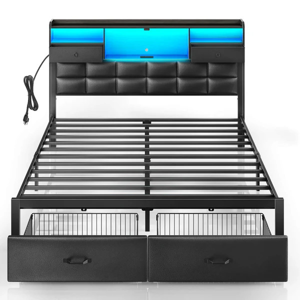 King Size Platform Bed Frame with LED Headboard, USB & Type-C Charging Station, Storage Drawers, Metal Frame & Wood Slats – Black | BF025-V2N-BK-K-RR 