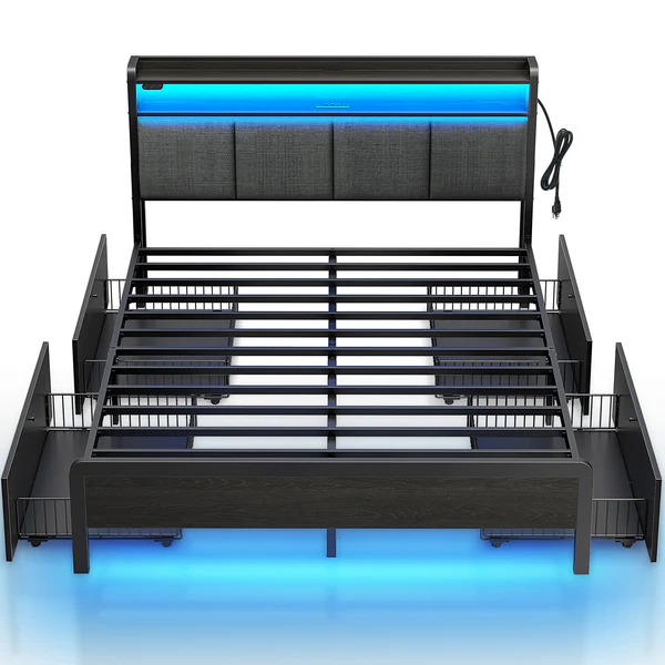 Full Size Platform Bed Frame with LED Headboard, USB & Type-C Charging Station, Storage Drawers, Metal Frame & Wood Slats – Gray |  BF013-V2N-GY-F-RR 