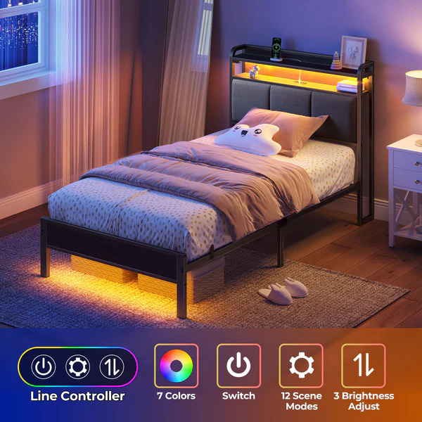 Full Size Metal Bed Frame with Bookcase Headboard, LED Lighting, USB & Type-C Charging Station, Pull-Out Side Storage – Black | BF008-V2N-BK-F-RR