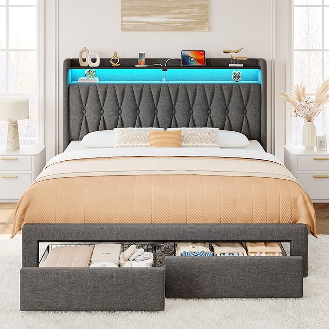 Queen Size Velvet Bed Frame with LED Lighting, USB & Type-C Charging Station, Metal Platform Support, Under-Bed Storage – Gray | BF008-V2N-GY-Q-RR