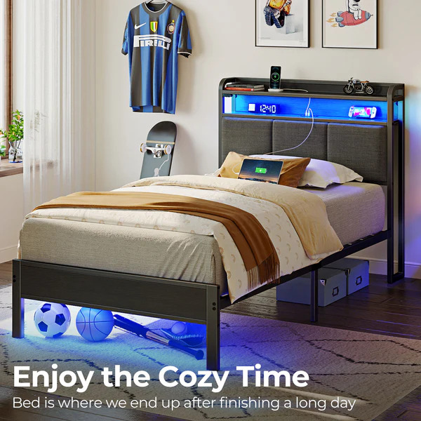 Full Size Velvet Bed Frame with LED Lighting, USB & Type-C Charging Station, Metal Platform Support, Under-Bed Storage – Gray | BF008-V2N-GY-F-RR