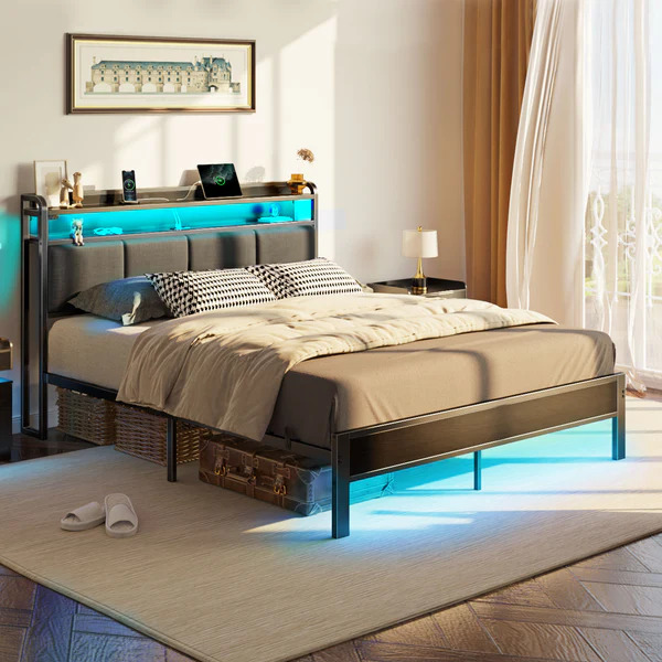 Queen Size Metal Bed Frame with Bookcase Headboard, LED Lighting, USB & Type-C Charging Station, Pull-Out Side Storage – Black | BF008-V2N-BK-Q-RR