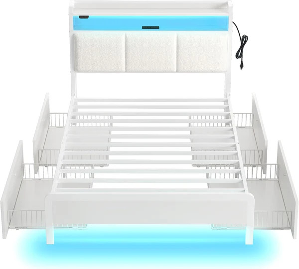 Queen Size Platform Bed Frame with LED Headboard, USB & Type-C Charging Station, Storage Shelves & Rolling Drawers – Off White | BF013-V2N-OW-Q-RR