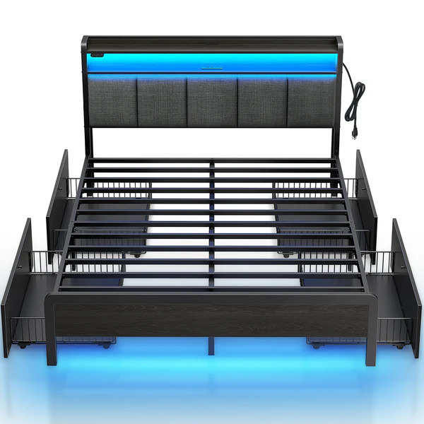 Queen Size Platform Bed Frame with LED Headboard, USB & Type-C Charging Station, Storage Shelves & Rolling Drawers – Gray | BF013-V2N-GY-Q-RR