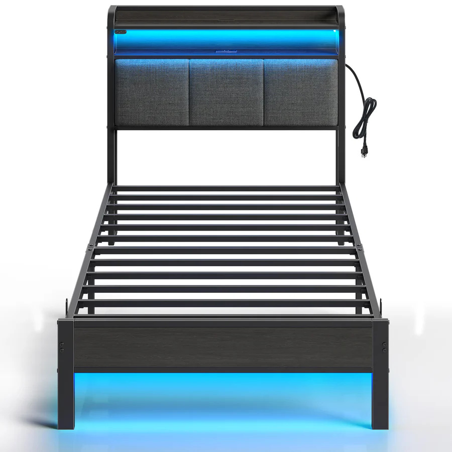 Twin Size Platform Bed Frame with LED Headboard & Footboard, USB & Type-C Charging Station, Storage Drawers, Metal Frame & Wood Slats – Off White | BF008-V2N-OW-T-RR
