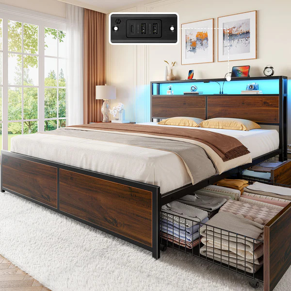 Full Size Metal Platform Bed Frame with 2-Tier Storage Headboard, LED Lighting, USB & Type-C Charging Station, 4 Storage Drawers – Weathered Chestnut | BF038-VN-WCE-F-RR