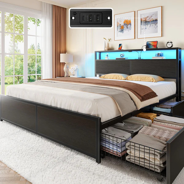 Full Size Metal Platform Bed Frame with 2-Tier Storage Headboard, LED Lighting, USB & Type-C Charging Station, 4 Storage Drawers – Weathered Black | BF038-VN-WBK-F-RR